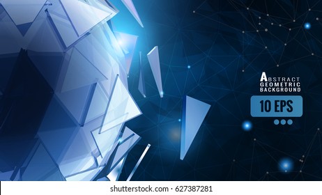 Blue polygonal abstract triangle sphere glowing on triangular and connected dots background