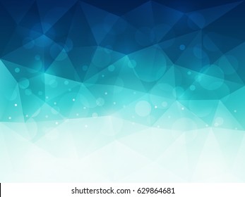 Blue polygonal background with light and bokeh effect. Vector illustration.