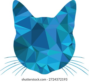 Cabeza de gato poligonal azul artístico bajo Diseño gráfico polivinílico. Forma de animal geométrica moderna, Arte vectorial abstracto minimalista, líneas limpias y Formas geométricas para proyectos digitales.