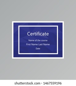 Blue polygonal certificate with white frame. Modern gift card template with sample text. A4/A5 standard size. Vector illustration 