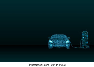 Automóvil electrónico poligonal azul con estación electro sobre fondo de tecnología azul. Innovación tecnológica en la industria del automóvil y el transporte. Ilustración vectorial digital del coche eléctrico de baja polilla.