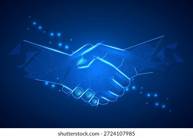 Aperto de mão poligonal azul sobre fundo escuro, simbolizando confiança, parceria e colaboração digital. Ideal para empresas, blockchain e imagens tecnológicas seguras.