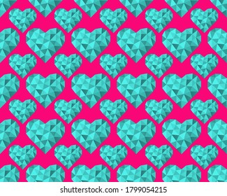 Blue polygonal hearts background. Seamless pattern. Vector illustration for fabric design, print for textile, wrapping, wed design, packaging, etc. Other hearts patterns in my collection.