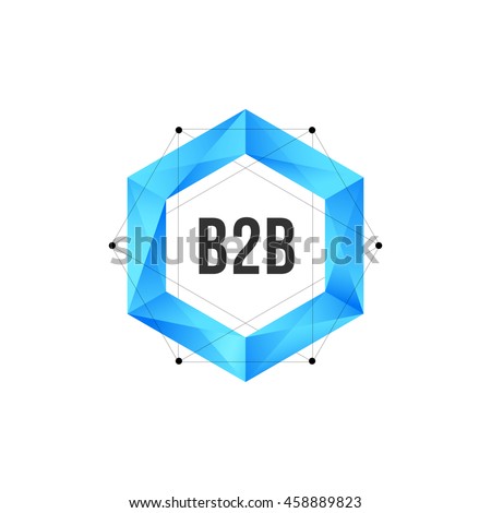 Blue polygonal hexagon icon with mesh, dots and B2B text. Geometric logo vector design concept isolated on white background 