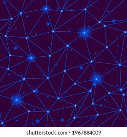 Blue polygonal network grid seamless pattern. Abstract Modern Technology line background, wallpaper. Triangle low poly concept design. Digital data vector structure. Science, tech, neural, cyber print