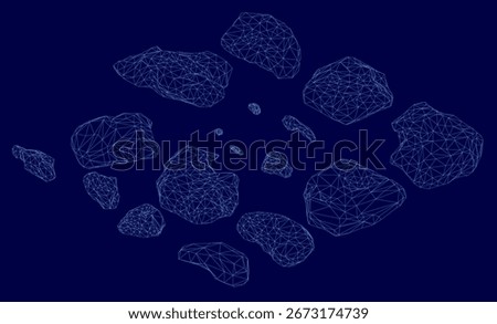 Blue polygonal rocks form a striking wireframe cluster on a dark blue background. The geometric shapes create an abstract yet balanced composition with clean edges and smooth surfaces.