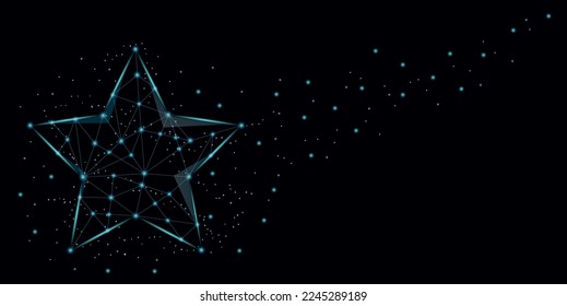 Estrella poligonal azul sobre negro, fondo de tecnología espacial, estrellas brillantes de bajo nivel de pólvora, espacio de copia