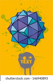 blue polyhedron with hand drawn hatching on yellow background