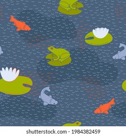 Blue pond with green frogs and orange fishes. Calm blue water with beautiful white water lily. Bright carp koi swimming underwater. Textile design. 