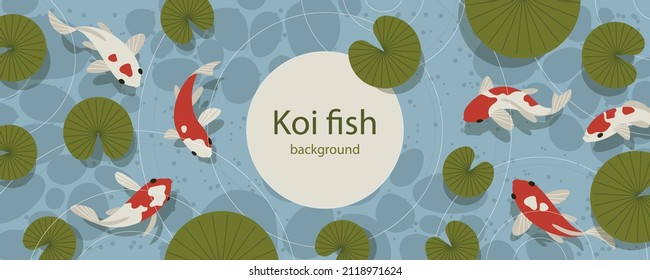 Laguna azul con peces koi. Banner horizontal con lugar para texto. Ilustración vectorial.