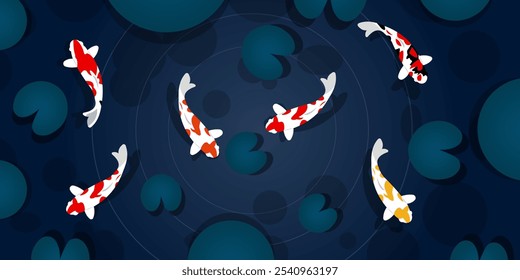 Estanque azul con peces koi. Anuncio Horizontal con lugar para texto. Ilustración vectorial.