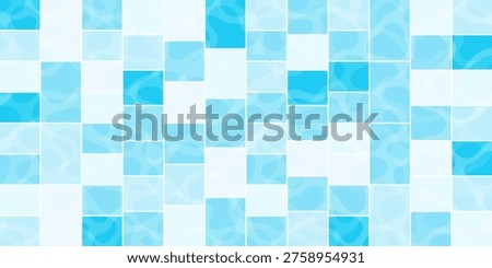Blue pool tile mosaic pattern with water reflection and rectangular grid background