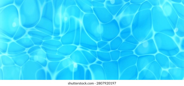Blue pool water background surface with ripple waves effect and bokeh light reflection. Deep ocean or sea water with transparent caustic sunlight texture. Summer backdrop. Realistic top view vector