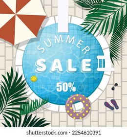 Blue pool water top view with different summer design elements. Season sale text and discount poster