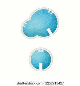 Blue pool water uppew view with circle shape isolated on white background