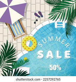 Blue pool water uppew view with summer holiday or vacation design elements