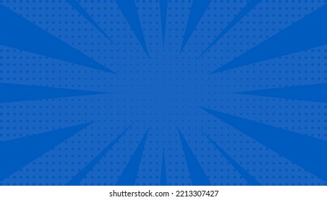 Blue pop art background with halftone dots and rays.