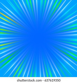 Blue pop art cartoon summer card, banner, flyer with rays. Vector illustration of explosion, burst.
