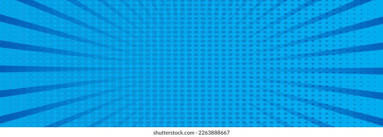 Blue pop art comic background. For speech bubble, message, text, book, cartoon cover, magazine. Cartoon halftone vintage backdrop. Retro pattern background for comic text. Sunburst background, vector