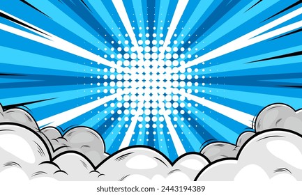 Blue Pop art comic background with cloud and star. Cartoon Vector Illustration 