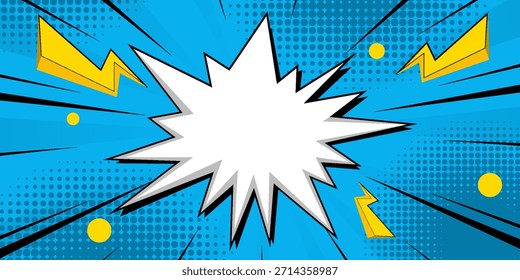 Fondo azul de la explosión del cómic del arte pop con la burbuja blanca en blanco del discurso, los relámpagos, y los puntos del medio tono en estilo dinámico del cómic. Perfecto para Anuncios, carteles, anuncios, texto de discurso, promociones.