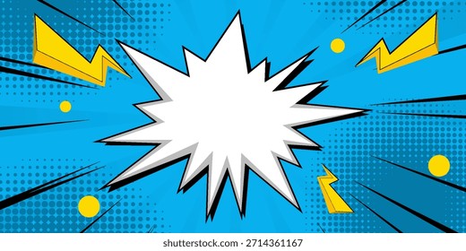 Blue pop art comic explosion background with blank white speech bubble, lightning bolts, and halftone dots in dynamic comic book style. Perfect for banners, posters, ads, speech text, promotions.
