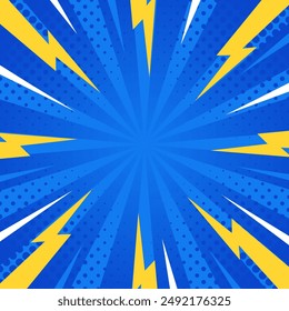 Blue pop art comic sunburst effect background with halftone. Cartoon abstract vector background. Suitable for templates, sales banners, events, ads, web, and pages