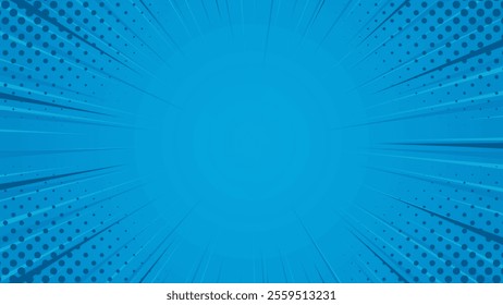 blue pop art comic sunburst effect background with halftone. Comic cartoon abstract vector background. Suitable for templates, sales banners, events, ads, web, and pages