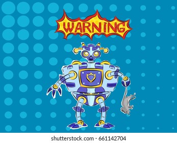 Blue pop art robot caught a small predator