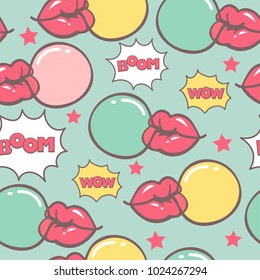 Blue Pop Art Seamless Vector Pattern With Bubblegum