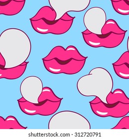 blue pop art seamless vector pattern with lips