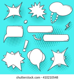 Blue pop art speech bubbles set in cartoon style with halftone