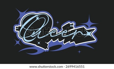 Blue Pop Calligraphy of 'Queer' and Glitters with Purple Outlines, Black Backdrop