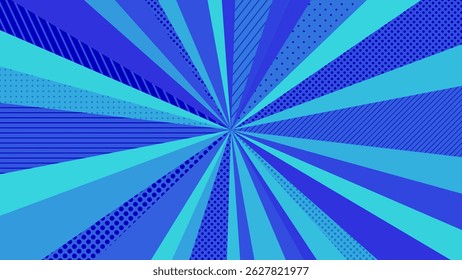 Blue pop sunburst background with polka dots. Pop bright concentrated line background and promotional template.