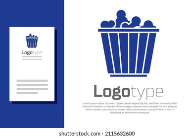 Blue Popcorn in cardboard box icon isolated on white background. Popcorn bucket box. Logo design template element. Vector