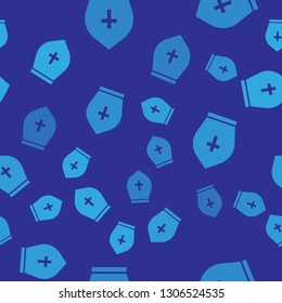 Blue Pope hat icon isolated seamless pattern on blue background. Christian hat sign. Vector Illustration