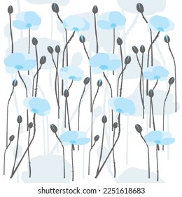 Blue poppies flowers field. Seamless background