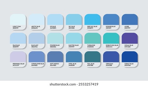 Blue Poppy Flower Color Palette, Himalayan blue poppy Flower Color Guide Palette with Color Names. Catalog Samples of Himalayan blue poppy colors with RGB HEX codes. Fashion Trend Blue color tones