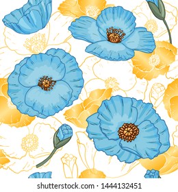 Blue poppy flower seamless pattern with golden flowers, on transparent background. Hand drawn vector illustration. Meconopsis grandis stylized ornament.