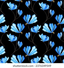 Flor azul de adormidera acuarela ilustraciones vectoriales sin fisuras. Pétalos azules flores de amapola de estambre negro aisladas en negro. Jardín de flores silvestres de pradera, plantas florecientes de campo. Hojas de oro