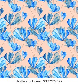 Blue poppy flower watercolor illustration vector seamless patterns. Blue petals poppy flowers. Meadow wild blossom set, field blooming plants.