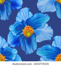 Blue poppy flower watercolor illustration vector seamless patterns. Blue petals poppy flowers linen textile print design. Meadow wild blossom set, field blooming plants.