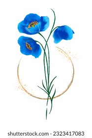 Blue poppy flowers in gold. Watercolour