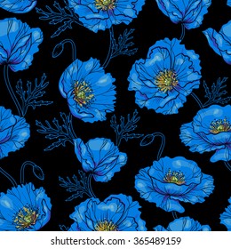 Blue poppy flowers  on a black background vector seamless pattern