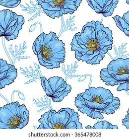 Blue poppy flowers  on a white background vector seamless pattern