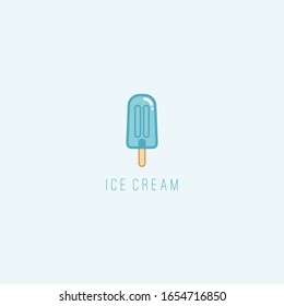 Blue Popsicle ice cream or frozen ice. Summer dessert. Minimalistic Icon. Colored vector logo. Cartoon style, simple flat design. Trendy illustration. Icon is isolated on a blue background