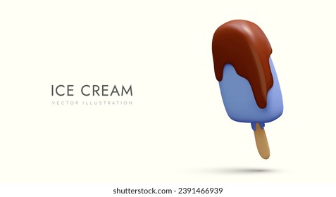 Blue popsicle with runny chocolate topping. Appetizing bright cold dessert. Realistic ice cream on stick. Summer concept. Advertising poster for web design