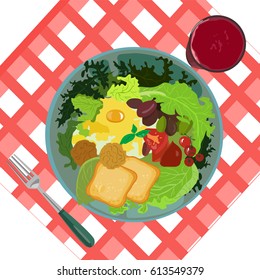  blue porcelain plate with food,  morning breakfast with an egg on a tablecloth in a red cage with a glass of compote