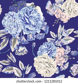 Blue Porcelain Seamless Flower Vector Pattern