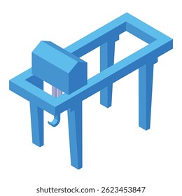 Blue port crane lifting cargo on pier at dock, industrial seaport infrastructure element in isometric view